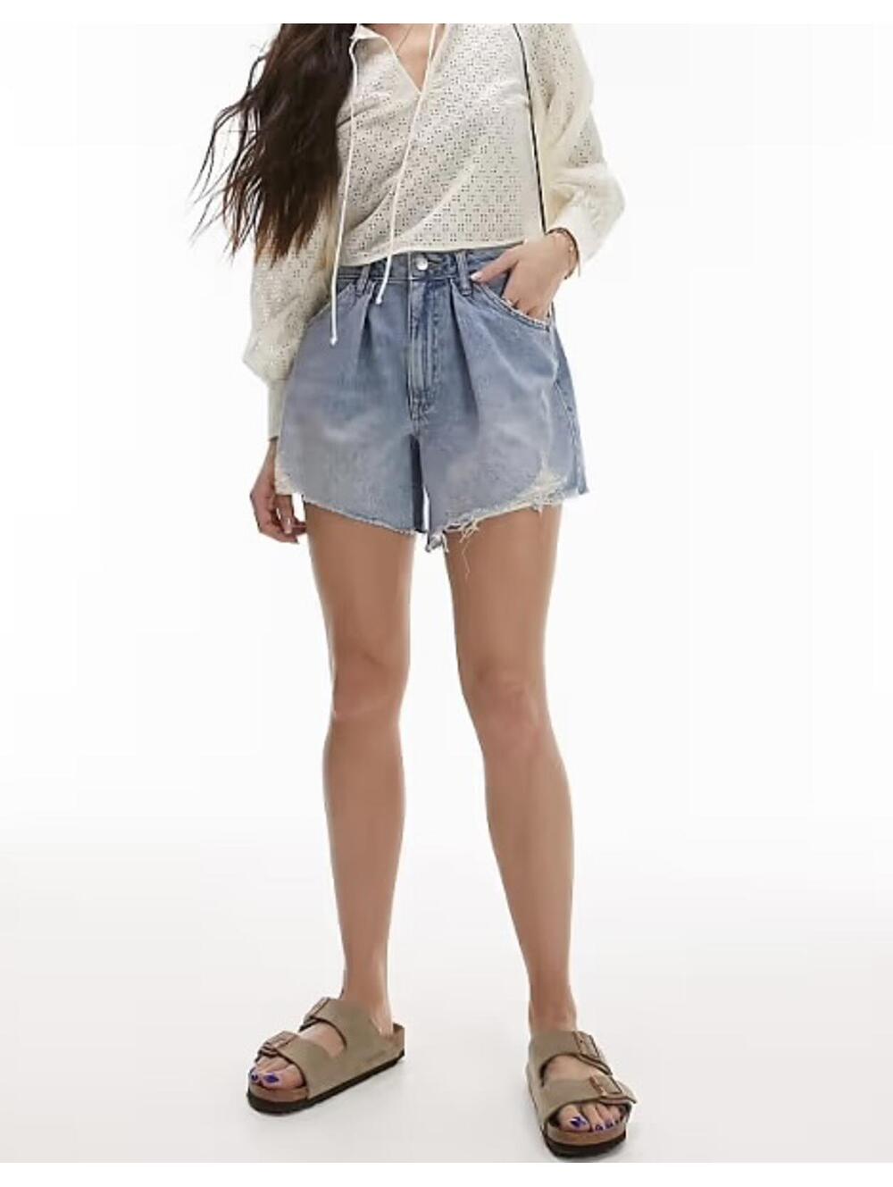 Topshop Pleated Denim Shorts Bleach Blue NWT Size 2